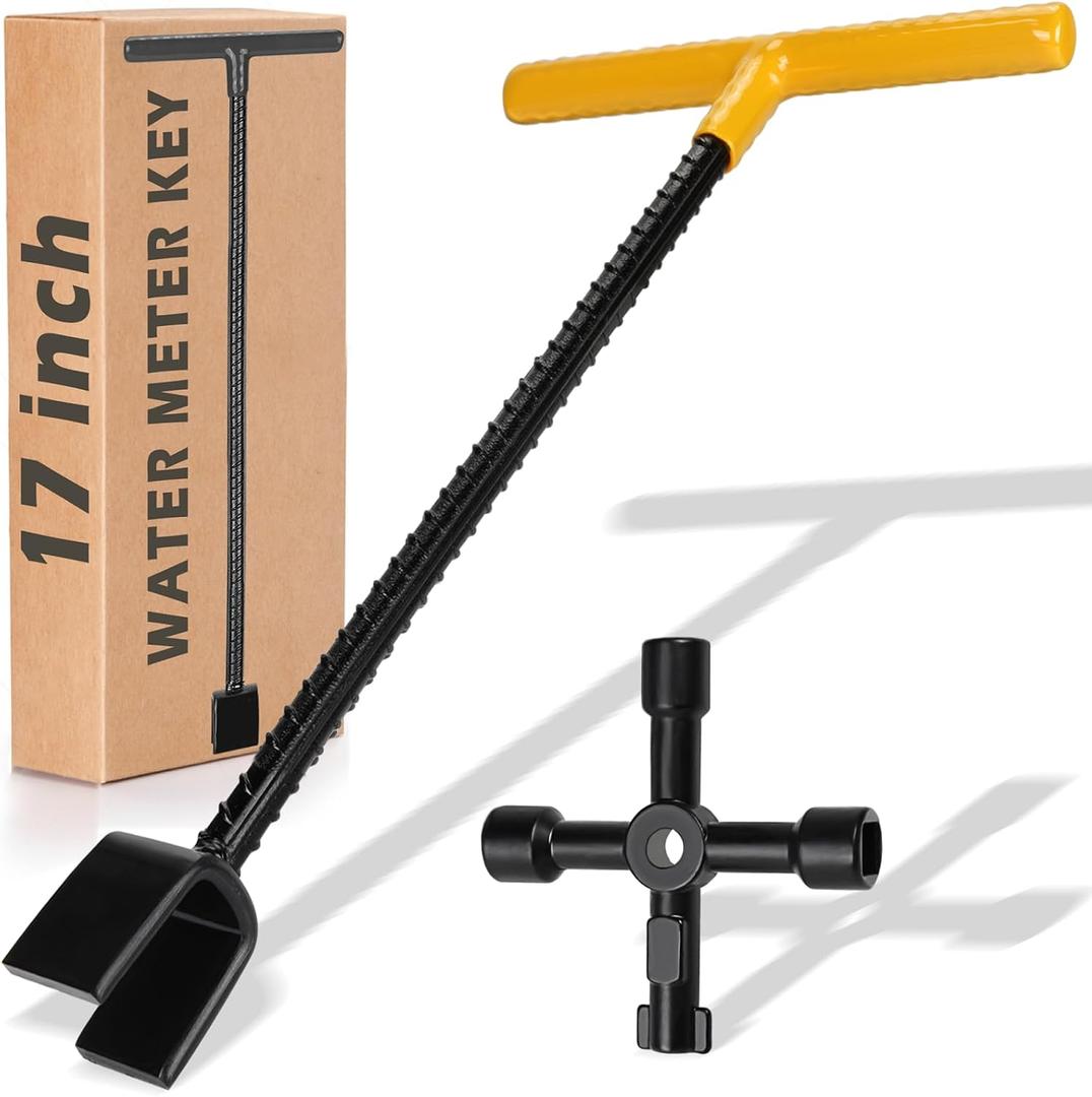 Winisok 17 Inch Water Meter Key With 4 Way Multi-Functional Utilities Key, Enforced Rebar Water Shut Off Tool Wrench T-handle for Curb Main and Water Meters, Underground Stop or Waste Valves