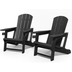Adirondack Chairs Set of 2, Plastic Patio Chair with Cup Holder, Outdoor Funiture for Backyard Garden Lawn Beach, 400 LBS Capacity, Black