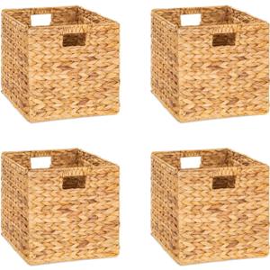 12x12x12 Storage Cube, Water Hyacinth Storage Baskets, Wicker Storage Baskets for Shelves, Woven Baskets for Storage, Square Wicker Storage Basket for Bedroom, Living Room (4 Packs 12x12in)
