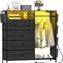 Dresser for Bedroom with Clothes Rack Side Pockets 5 Drawer Dresser with Charging Station LED Lights Black Storage Chest of Drawers for Nursery Hallway Closet Sturdy Steel Frame Wood Top