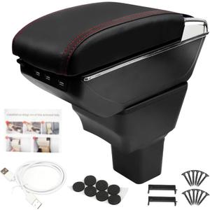 Center Console Armrest Compatible with Nissan Kicks 2016 2017 2018 2019 2020 2021 with 7 USB Port Cup Holder Double Layer Organizer Storage Box (Black with Red Line)