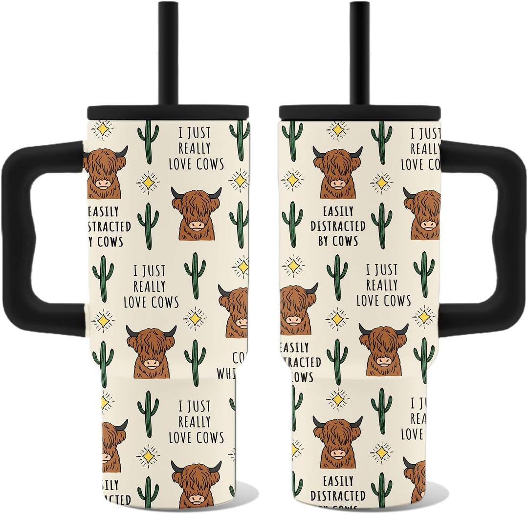 Highland Cow Tumbler with Handle 24oz, Insulated Stainless Steel Western Cows Cup, Highland Cow Gifts for Women Teens Cowgirl Farmer Animal Lovers