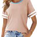 SHEWIN Women's Fashion Casual Crewneck Color Block T Shirts Short Sleeve Summer Tops Tees Slim Fit (XL)