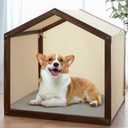 Wooden Dog House, Cabin Dog Kennels for Dogs Indoor and Outdoor Use, Wood Pet House Frame Beige Cover with Grey Cushion and Cover for Playing and Resting