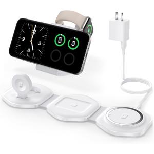 3 in 1 Wireless Charging Station for Apple Multiple Devices, Foldable Magnetic Fast Travel Charger, Compatible with MagSafe iPhone 16 15 14 13 12 Apple Watch & AirPod, Gift for Women (White)