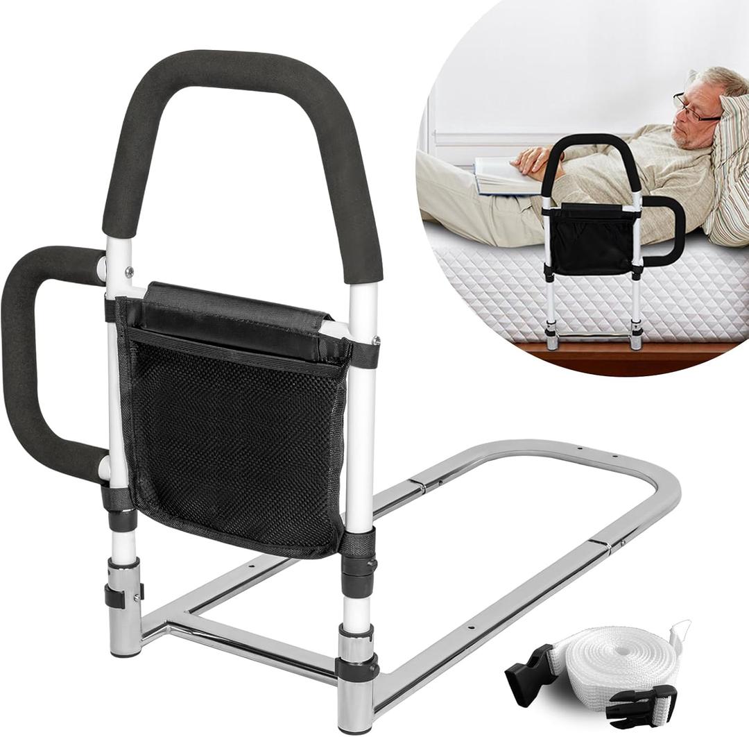 Bed Rails for Elderly Adults with Storage Pocket, Bed Assist Rail with Dual Grab Bars for Easily Getting in & Out of Bed, Bed Rail Fits King, Queen, Full, Twin Bed, Support Up to 300lbs