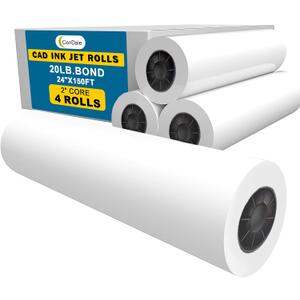 Wide Format Paper 24" x 150' - 4 Rolls Plotter Paper, 20lb CAD Bond Rolls on 2" Core, Printing paper for Inkjet HP, Canon, Epson Printer, Acid-free Bond Rolls for Blueprint, Poster, Drafting
