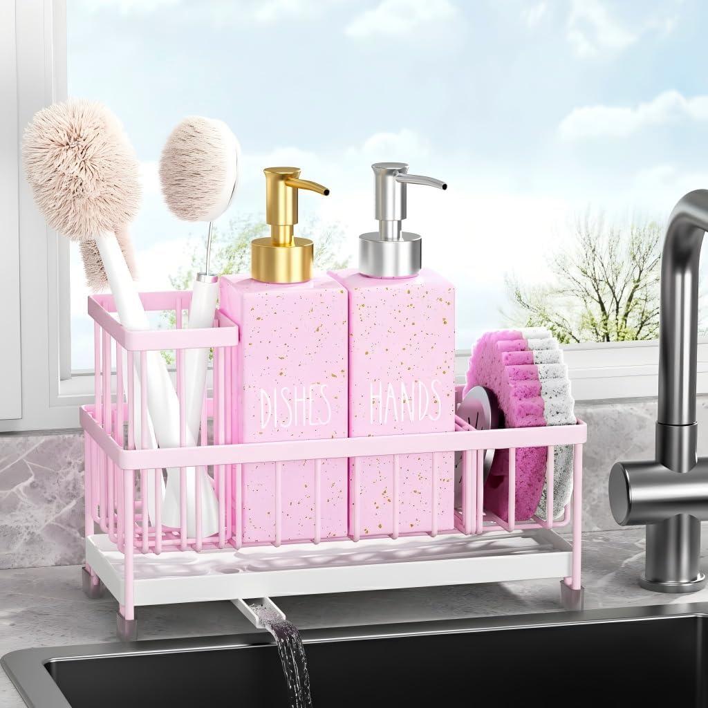 Cisily Dish Soap Dispenser, 12 fl oz Kitchen Soap Dispensers with Sponge Holder, Gold and Silver Pump Pink Glass Kitchen Soap Dispenser Set, Hand and Dish Soap Bottle Set, Pink Decor Accessories