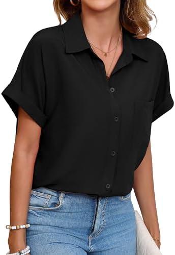 Poplab Womens Button Down Shirt Casual Short Sleeve Collared Work Blouse with Pocket size L