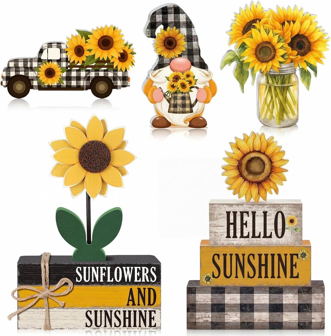 11 Pcs Sunflower Table Decorations Sunflower Tiered Tray Decorations Set Car Gnome Stack Signs Sunshine Farmhouse Rustic Table Tiered Tray Decor for Home Party