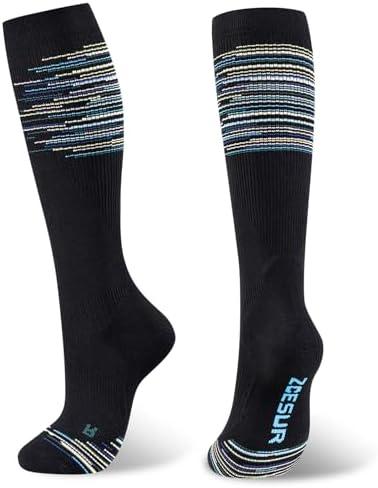 Knee High Compression Socks for Women & Men 20-30mmHg Nurses,Pregnancy,Travel,Running (Small-Medium, White/Blue/Colorful Stripes)