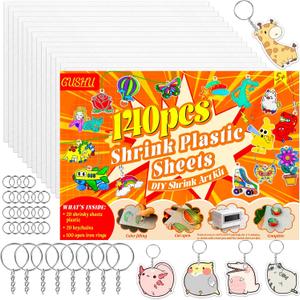 Gushu 140 Pcs Shrink Plastic Sheets Keychain Making Kit, 20 Heat Shrinky Dink Paper (7.9 x 5.7 Inch) with 120 Accessories for DIY Crafts, Creative Handprint Art for Teens & Adults