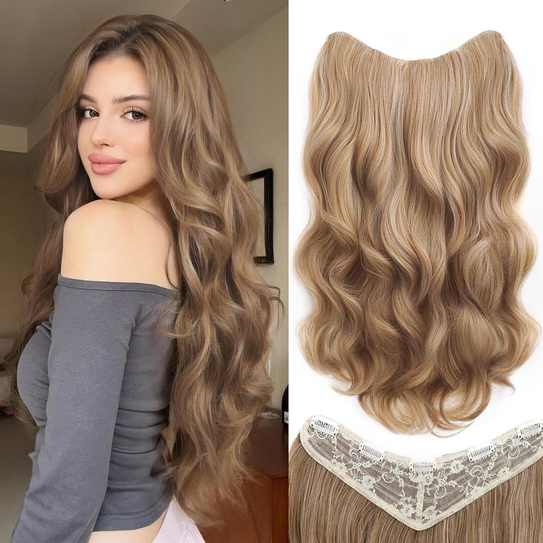 Clip In Hair Extensions One Piece 24 Inch Long Curly Synthetic Wavy Hair Extensions Clips Ins Natural Fluffy Clip On Extension Hair Pieces Hair Extension Clips for Women Brown Mix Blonde