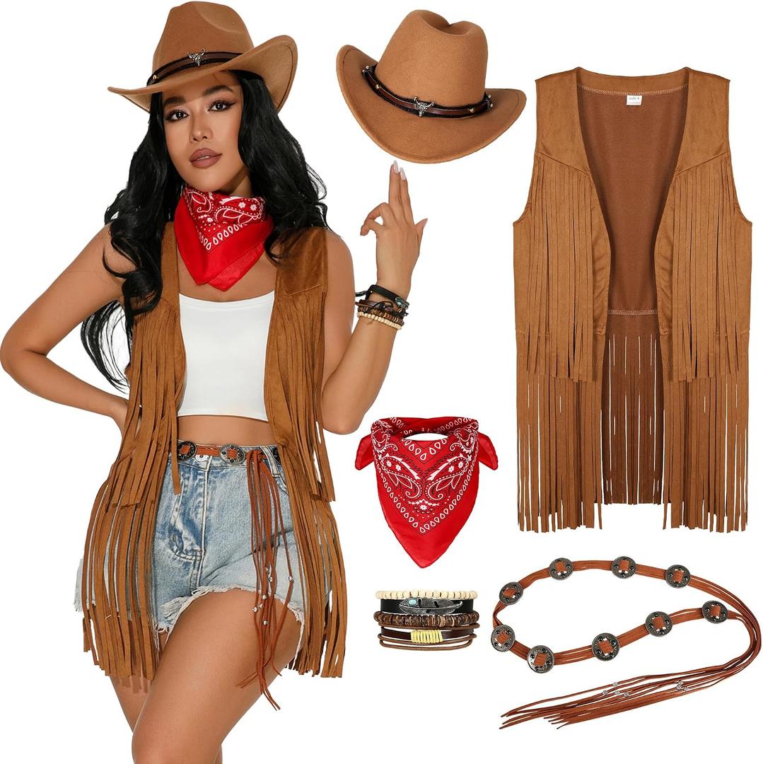 GERVAISE Womens Western Cowgirl Costume 70s Hippie Tassels Fringe Vest outfit Hat 5pcs, M