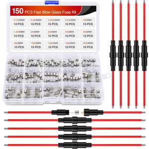 Nilight 150PCS Fast Blow Glass Fuses with 10PCS 5x20mm Inline Holder Screw Type16AWG 250V 0.1A 0.2A 0.25A 0.5A 1A 1.5A 2A 3A 4A 5A 8A 10A 12A 15A 20A Tube Fuse Assortment