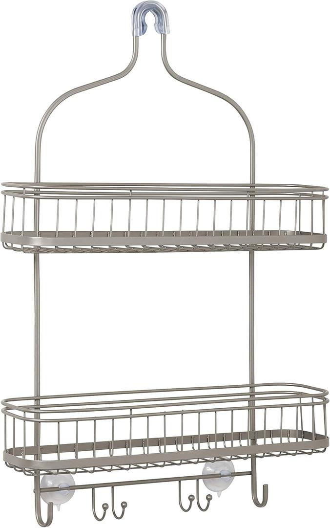 Zenna Home Shower Caddy, Modern and Functional, Steel Shower Rack with 2 Extra Wide Shelves and Built-in Hooks, Satin Nickel