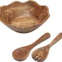 Gibson Home Sandhurst 3-Piece Acacia Wood Salad Bowl Set 12-Inch Scalloped Serving Bowl with Wooden Salad Servers Natural Rustic Finish for Dining, Entertaining, or Gifting