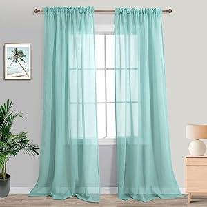 KOUFALL 96 Inch Long Seafoam Mint Green Curtains for Living Room Bedroom Semi Sheer Light Filtering Linen Textured Window Drapes for Sliding Glass Door, Aqua