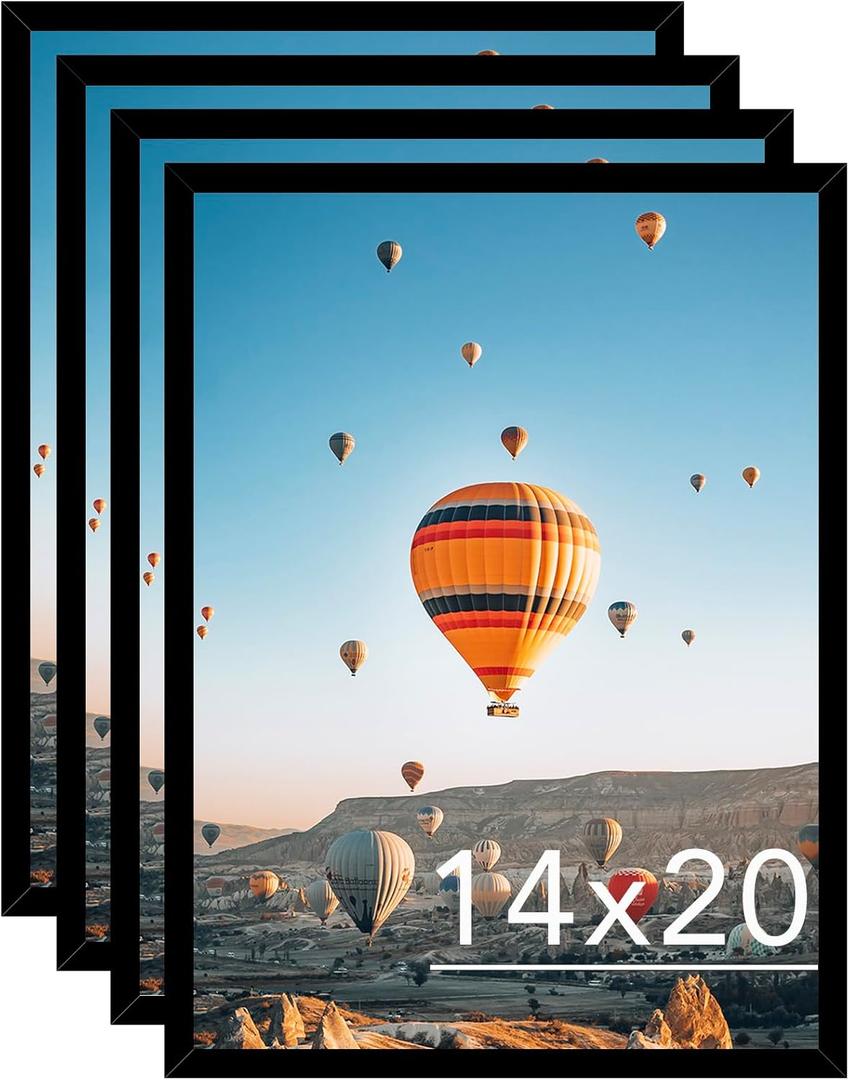 14x20 Picture Frame Set of 4 Black for Poster Photo Picture, Horizontal and Vertical Formats for Wall Hanging, 14 x 20 Wall Poster Photo Frame for 14 by 20 Photos Posters, 4 Pack, Black