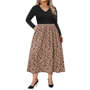 CARCOS Plus Size Dress for Curvy Women Vneck Long Sleeve Dresses Leopard Patchwork Dress with Pocket 2XL 18W 20W