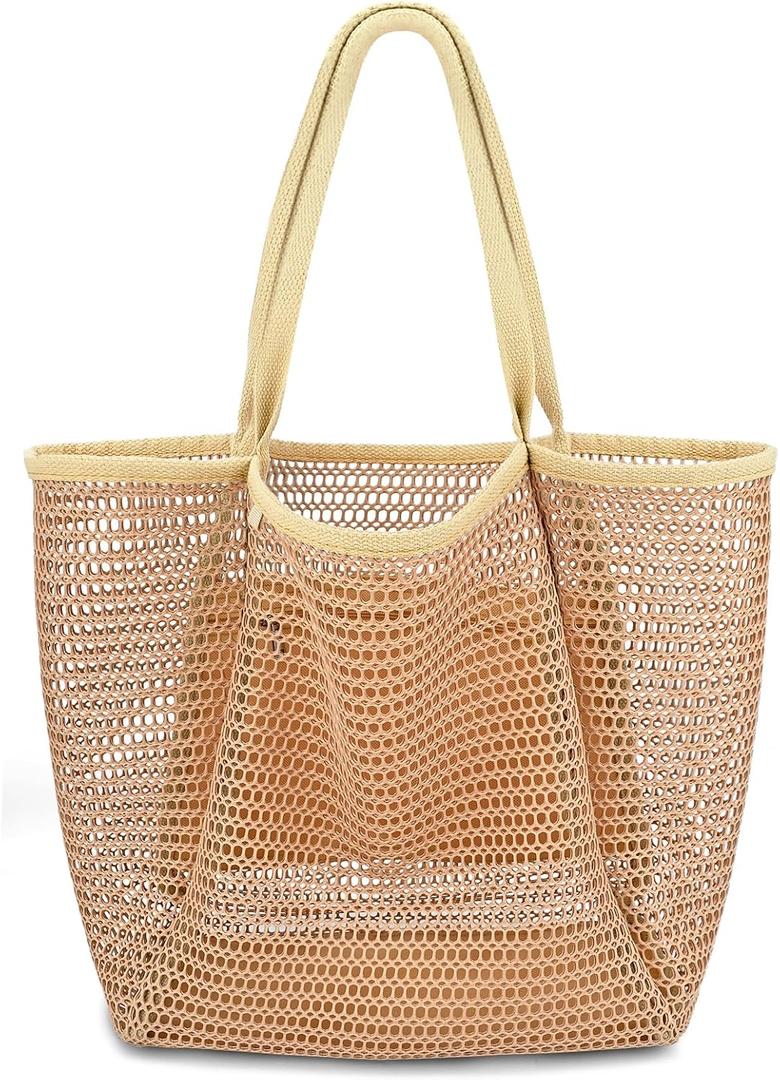 Iioscre Beach Bag for Women, Causal Hobo Pool Bags with Zipper Inner Pocket, Foldable Swim Tote Bag for Vacation Essentials (Mesh-khaki-new)