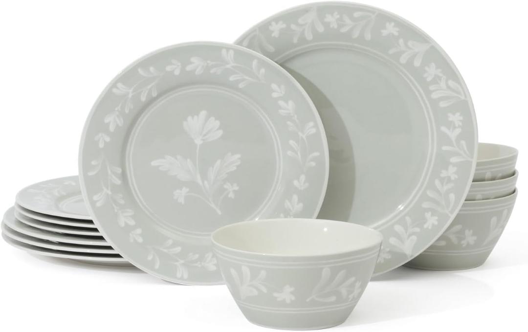 Martha Stewart Dinnerware Set - Maiden Crown 12-Piece Dish Set, Sage Green – New Bone China Ceramic Plates & Bowls – Floral Design – Service for 4 – Microwave & Dishwasher Safe