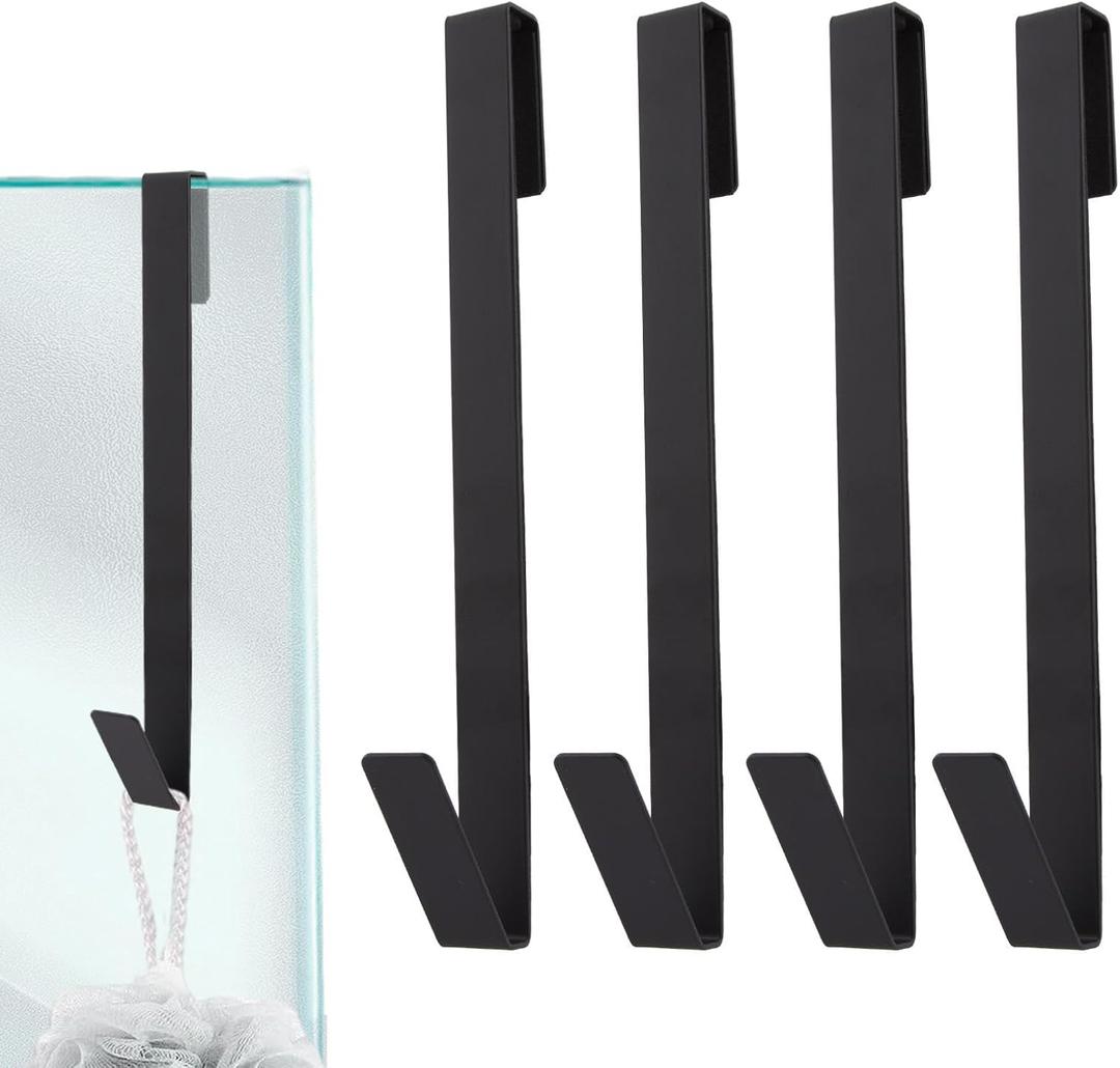 Drilling-Free Extended Shower Towel Hooks - 4 pcs, Fits Frameless Glass Shower Door Thickness Under 0.79 inch/20mm (Black - 10 inch)