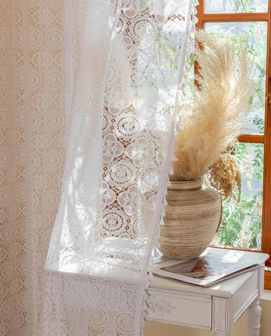 White Lace Curtains 84 Inches Long 2 Panel Sets Farmhouse Retro Crochet Sheer Curtain with Tassel Rod Pocket Light Filtering Privacy Sheer Curtain for Closet Door Living Room Window 59 x 84 Inch