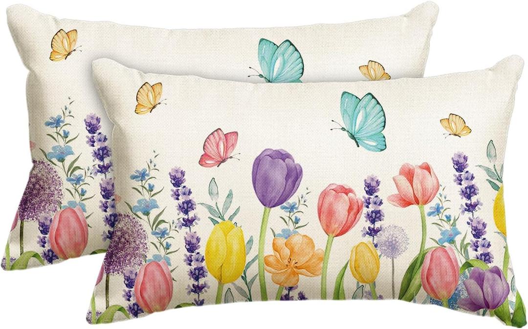 AVOIN colorlife Spring Flowers Tulip Lavender Eucalyptus Butterfly Throw Pillow Cover, 12 x 20 Inch Spring Cushion Case for Sofa Couch Set of 2