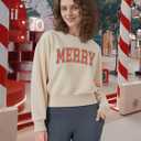 Merry Christmas Sweatshirts Women Vintage Merry Cropped Sweatshirt Xmas Party Holiday Crop Pullover Top (Beige, XL)