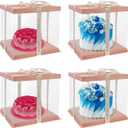 HOYA PONYOO 5 Pack Clear Cake Box Carrier 10" X 10" X 9" Cake Packaging Container with Ribbon Transparent Boxes with Lid Gift Package for Birthday Wedding Party, Pink