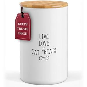 Barnyard Designs Large Dog Treat Container Airtight with Lid, Cute Rustic Ceramic Dog Treat Storage Jar for Kitchen Counter, White (Live Love Eat Treats)