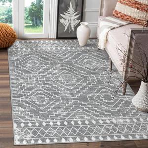 Wonnitar Moroccan Area Rugs 3x5, Gray Washable Entry Rug,Non-Slip Boho Small Bedroom Throw Mat, Non-Shedding Farmhouse Soft Low Pile Floor Carpet for Kitchen Bathroom Living Room (Silver Grey,3'x5')