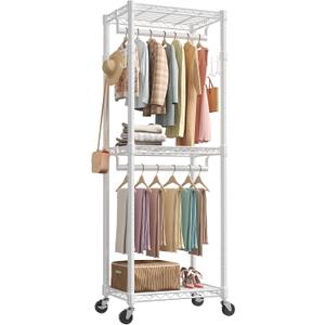 NEWBULIG Heavy Duty Adjustable Clothes Rack with Wheels, Adjustable Rolling Metal Freestanding Garment Closet Organizer with Double Rods & 2 Side Hooks for Hanging Clothes, 23" x 15" x 75", White
