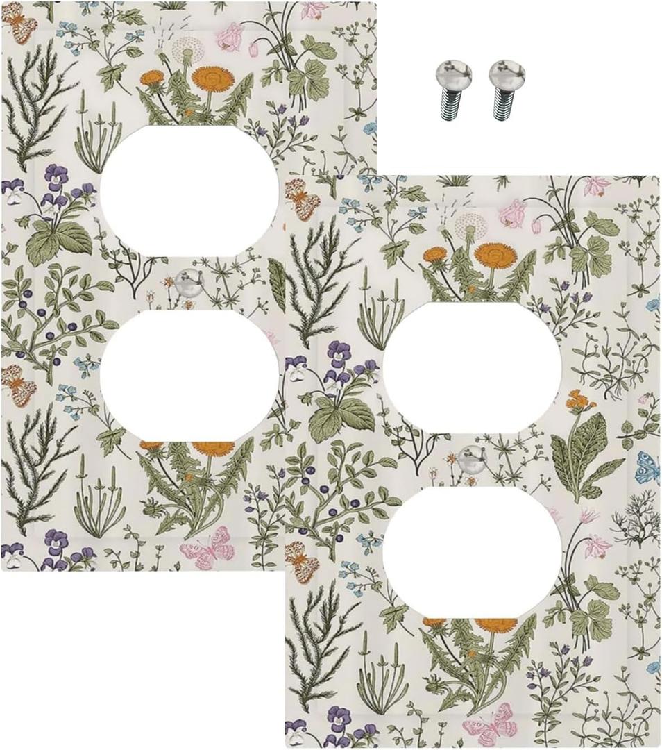 Outlet Covers Boho Floral Vintage Flowers Plants 1 Gang Duplex Light Switch Cover Plate Decorative Wall Plates Electrical Switchplate Receptacle for Bathroom Bedroom Decor（2 Pack）