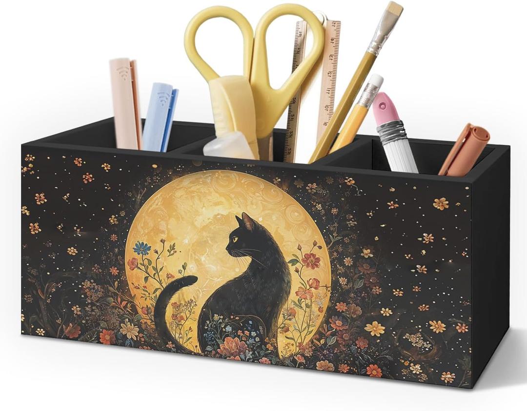 Witchy Black Cat Pen Holder for Home Office Desk, Cat Lover Gifts, Witchy Moonlight Floral Black Cats Makeup Brush Toothbrush Holder Organizer for Bathroom Desk Accessories