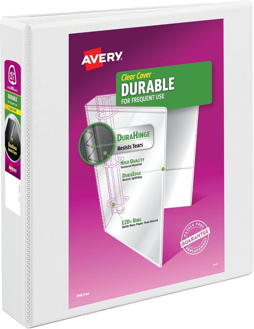 Avery Durable View 3 Ring Binder, 1-1/2 Inch EZD Rings, 1 White Binder (09401)