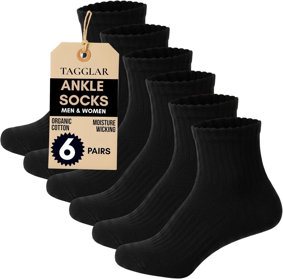 Ankle Socks for Men & Women – 78% Organic Cotton, Moisture Wicking, Arch Support,Cushioned Athletic Comfort (6 Pairs) (Black, S)