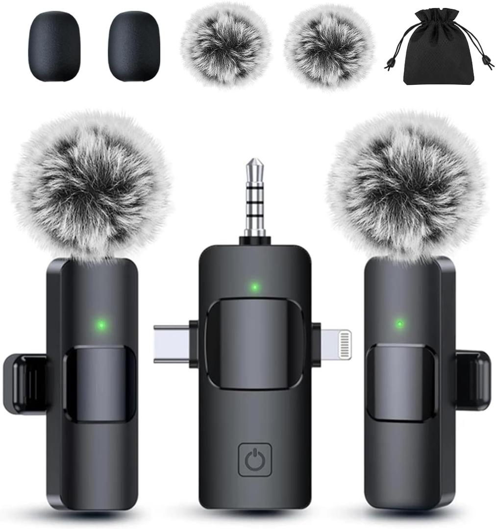 PQRQP Mini Microphone for iPhone - 3 in 1 Wireless Microphones for iOS/Android/Camera, Studio-Quality Audio, Plug & Play Clip Mic for Video Recording Podcast (Raven Black)