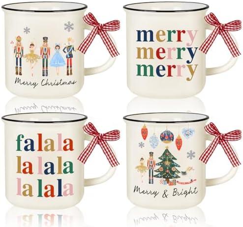 4Pcs Christmas Mini Mugs with Plaid Ribbon 8.5 Oz Watercolor Nutcracker Mini Coffee Mug Xmas Winter Party Cups for Table Centerpieces Tiered Tray Decor Gifts