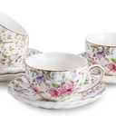 Tea Cup and Saucers, 6.4oz Floral Tea Cups with Gold Trim, Coffee Cappuccino Espresso Latte Mugs for Party Birthday, Christmas Gift (Pink and purple flowers)