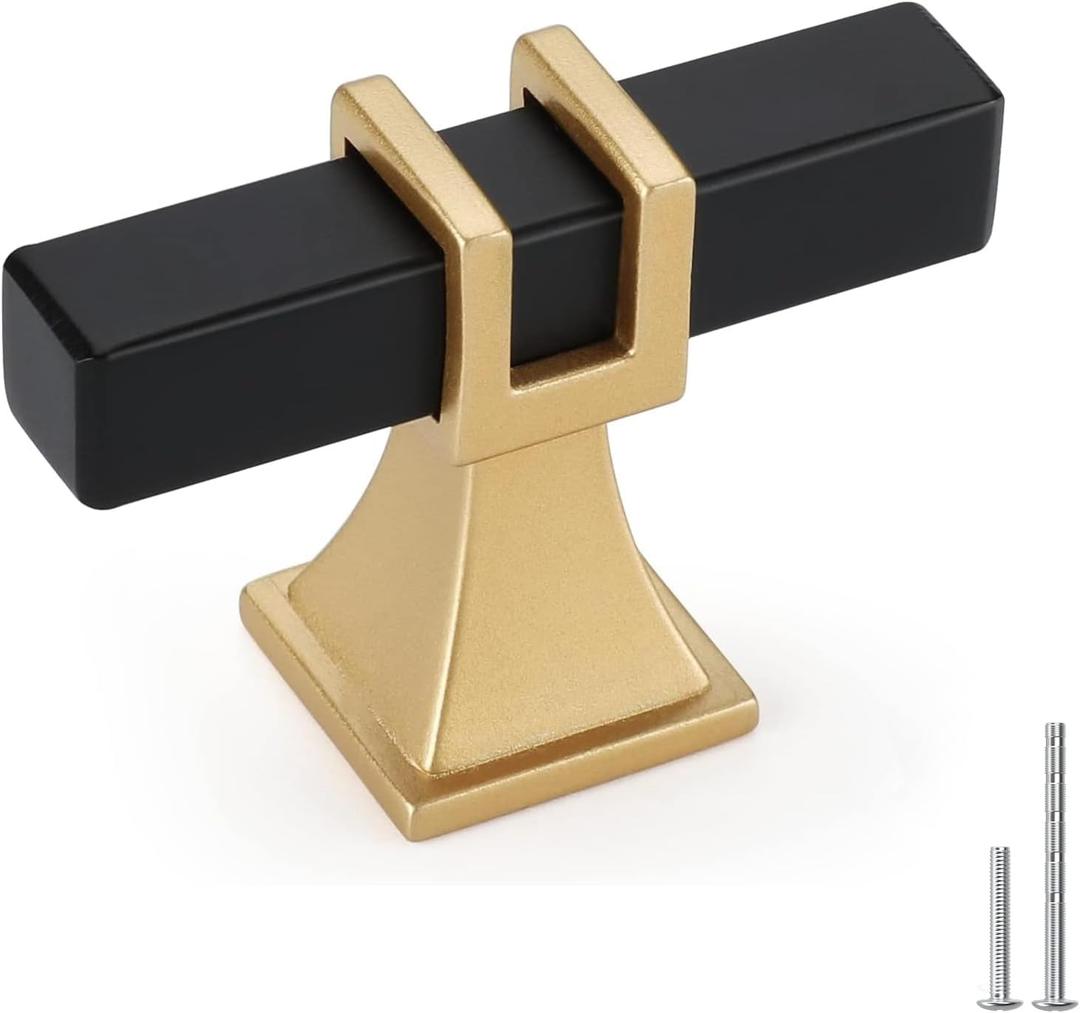 5 Pack Black and Gold Cabinet Knobs Black Dresser Drawer Konbs T Bar Pulls Kitchen Cabinet Hardware (Single Hole Knob)