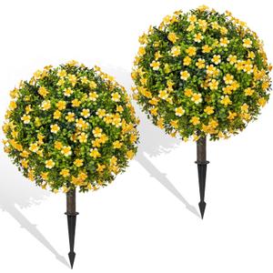 Fall Artificial Topiary Ball Trees with Spike Set of 2, Fall Faux Boxwood Plants for Outdoor Planters, UV Resistant Artificial Outdoor Shrubs, Fake Bushes for Porch, Garden, Patio Decor (B - Yellow Lilacs)