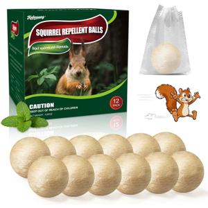 12 Pack Squirrel Repellent Balls- Chipmunks & Rodents Repellent for Outdoor & Indoor Use,Cars,Gardens, Bird Feeders & Attics-Safe for People,Plant-Based