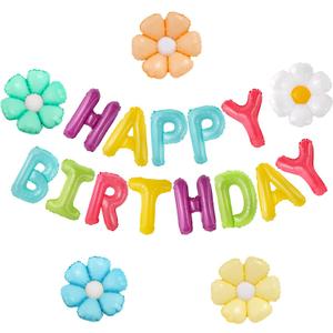 CANREVEL Happy Birthday Banner 13pcs 16 Inch Mylar Foil Letters with 5pcs Flowers Balloons Birthday Party Decorations for Kids and Adults - 3D Macaron