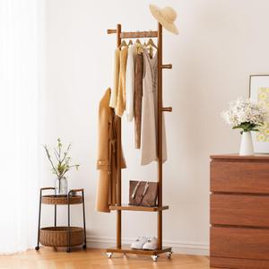 Solid Wood Coat Rack Freestanding Clothing Rack with Wheels & 2 Shelves Storage & 5 Hooks Heavy Duty Clothes Rack Wood Coat Tree Stand Hat Hanger Rack for Corner Bedroom Entryway Living Room Hotel (Walnut Brown)