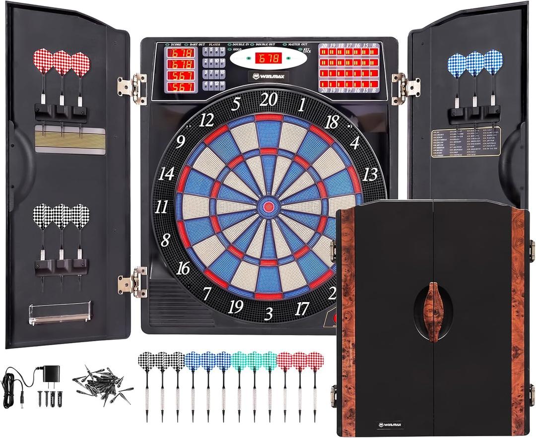 WIN.MAX Electronic Dart Board Cabinet Set, LED Electric Digital Soft Tip Dart Boards for Adults with Cabinet, up to 16 Players, 38 Games and 211 Variations with 12 Soft Tip Dartboard Set