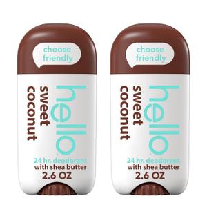 hello Sweet Coconut Aluminum Free Deodorant for Women and Men with Shea Butter, 24-Hour Freshness, Baking Soda Free Deodorant, Dermatologically Tested, 2.6 oz Stick (2 Pack)