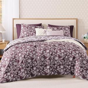 BLOOMHAVEN Queen Comforter Set -7 Pieces Floral Dark Purple Comforter Set for All Seasons, Bed in a Bag Queen with Botanical Flowers Comforter, Sheets, Pillowcases & Shams