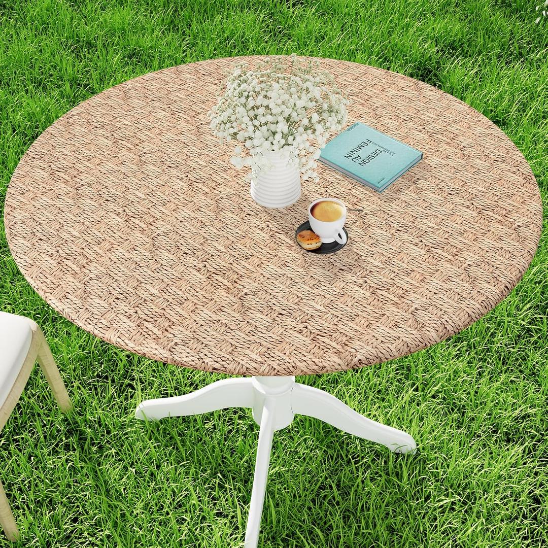 Moosfor Spandex Elastic Fitted Round Tablecloth for 45"-56" Tables, Stretch Washable Reusable Table Cover for Outdoor Picnic, Camping, Dining, Kitchen, Patio and Party, Weave